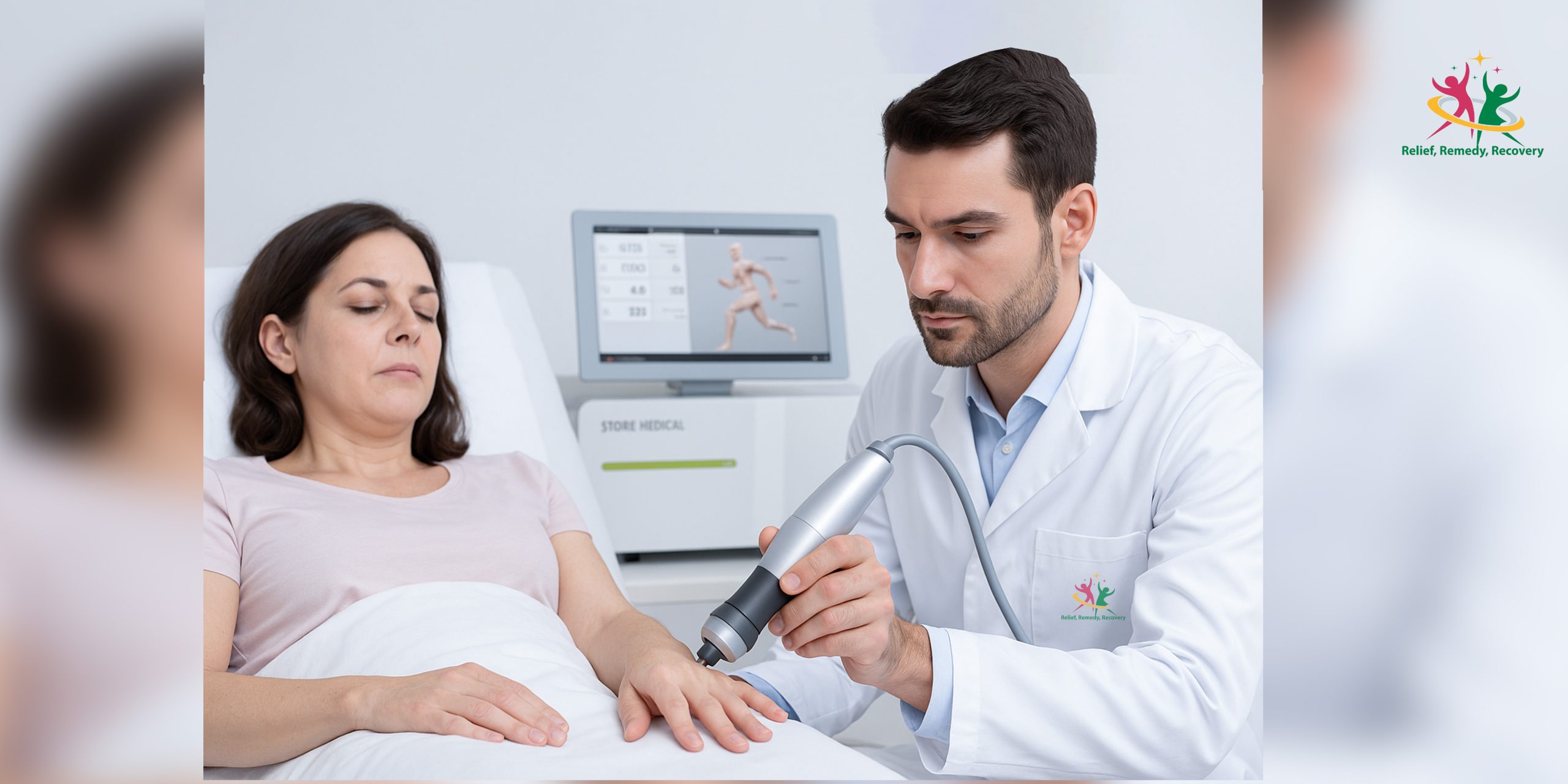 Doctor performing shockwave therapy on a patient’s hand during Trigger Finger Recovery treatment.